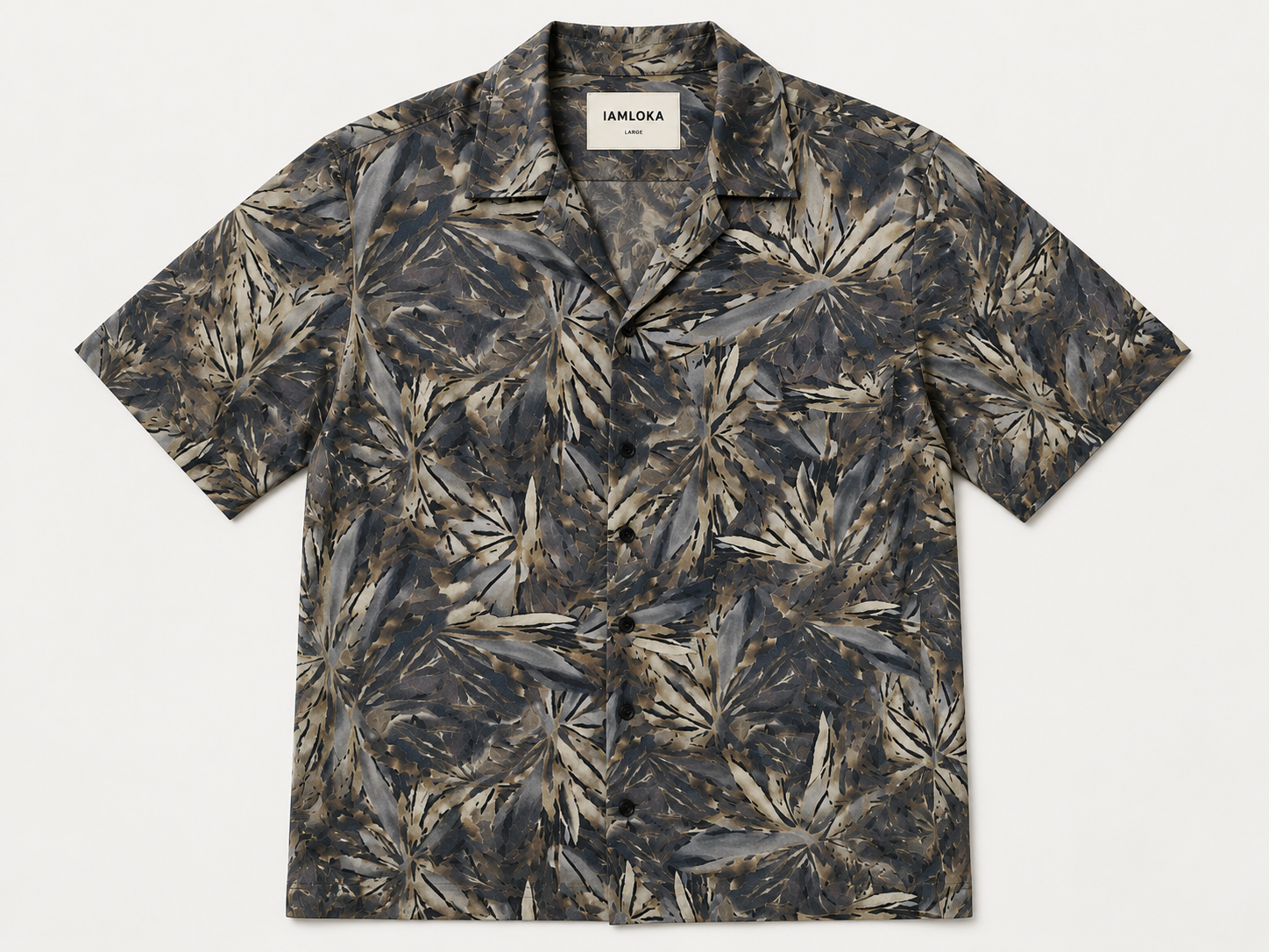 Short-sleeve shirt with leaf pattern on a white background