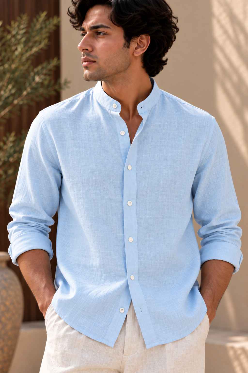 Sky Blue Pure Linen Shirt - Mandarin Collar