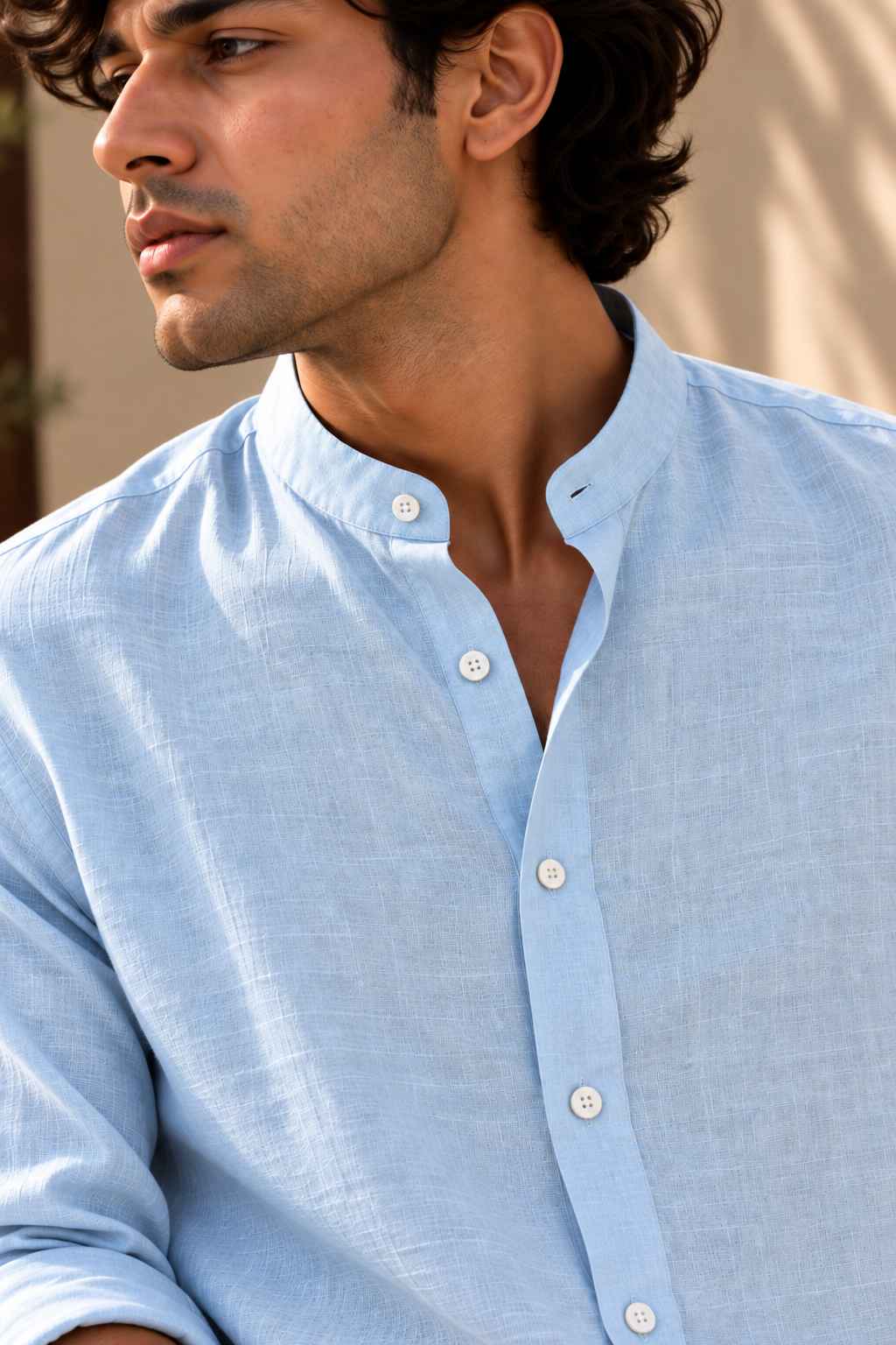 Sky Blue Pure Linen Shirt - Mandarin Collar