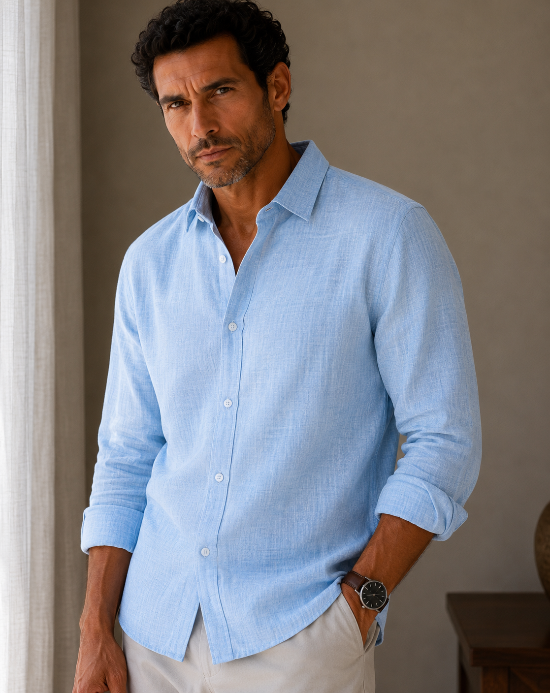 Man wearing a light blue shirt with rolled-up sleeves indoors.