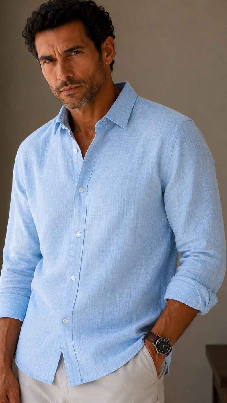 Man wearing a light blue shirt with rolled-up sleeves indoors.