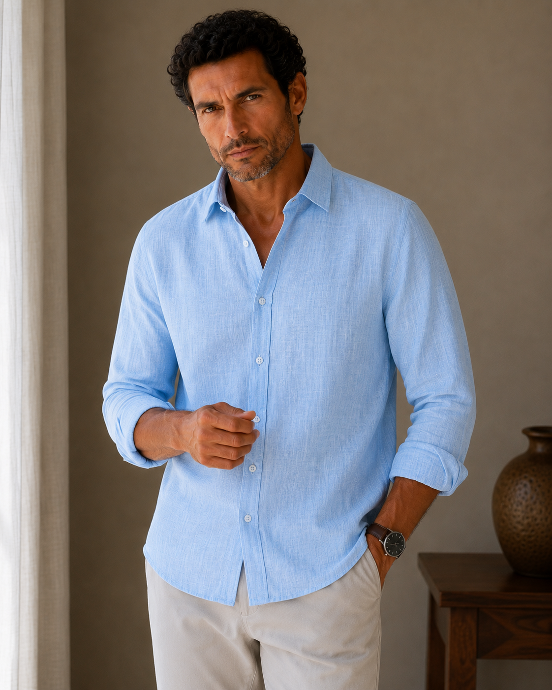 Man wearing a light blue shirt in an indoor setting