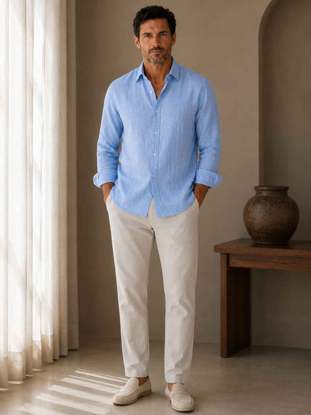 Man wearing a light blue shirt and white pants standing in a room with a vase on a table.