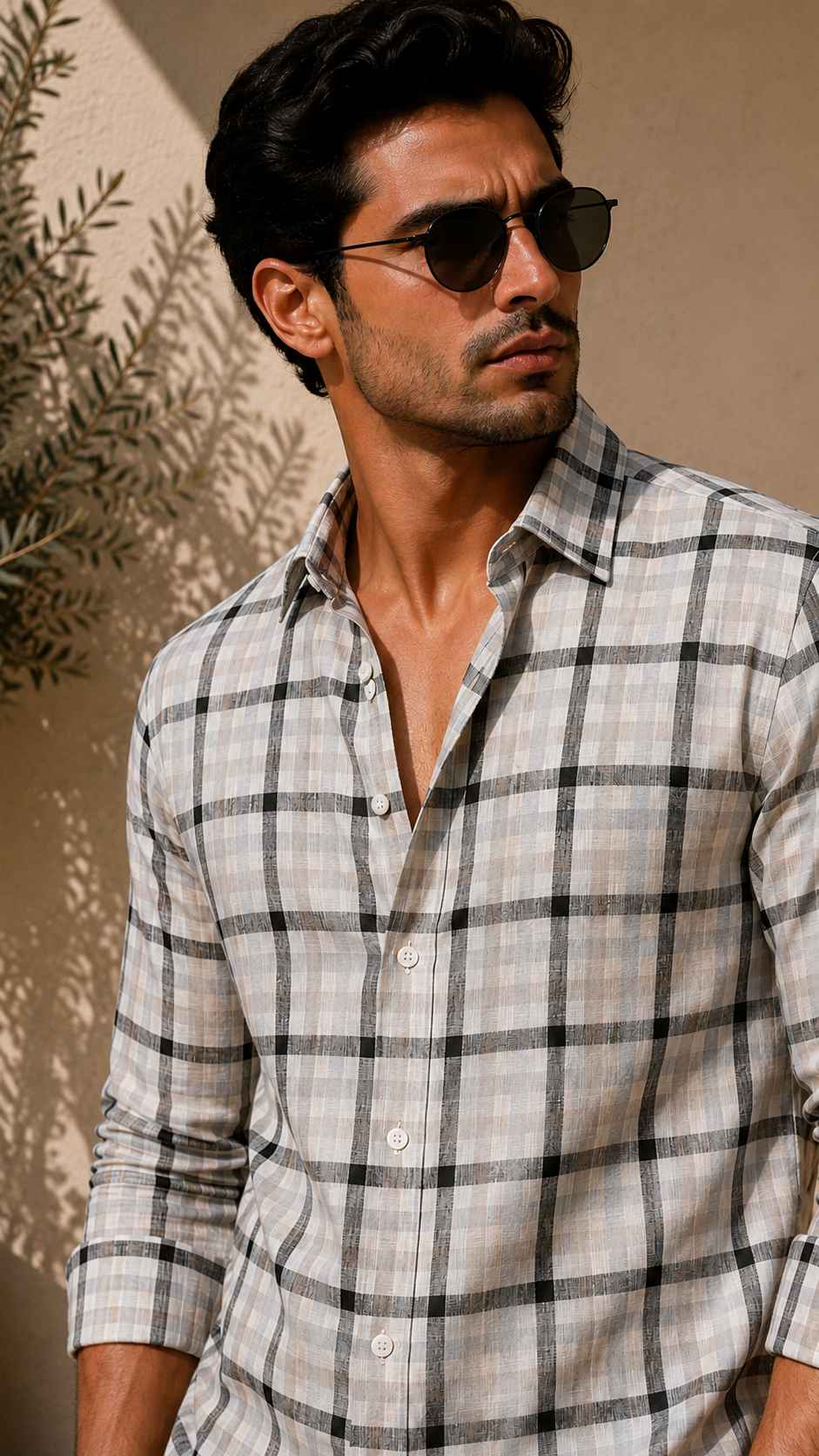 Man wearing a checkered shirt and sunglasses against a neutral background
