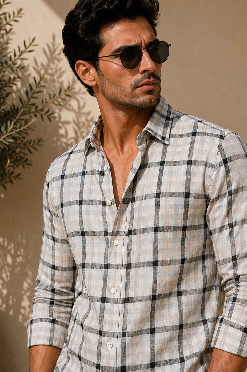 Man wearing a checkered shirt and sunglasses against a beige wall with plants.