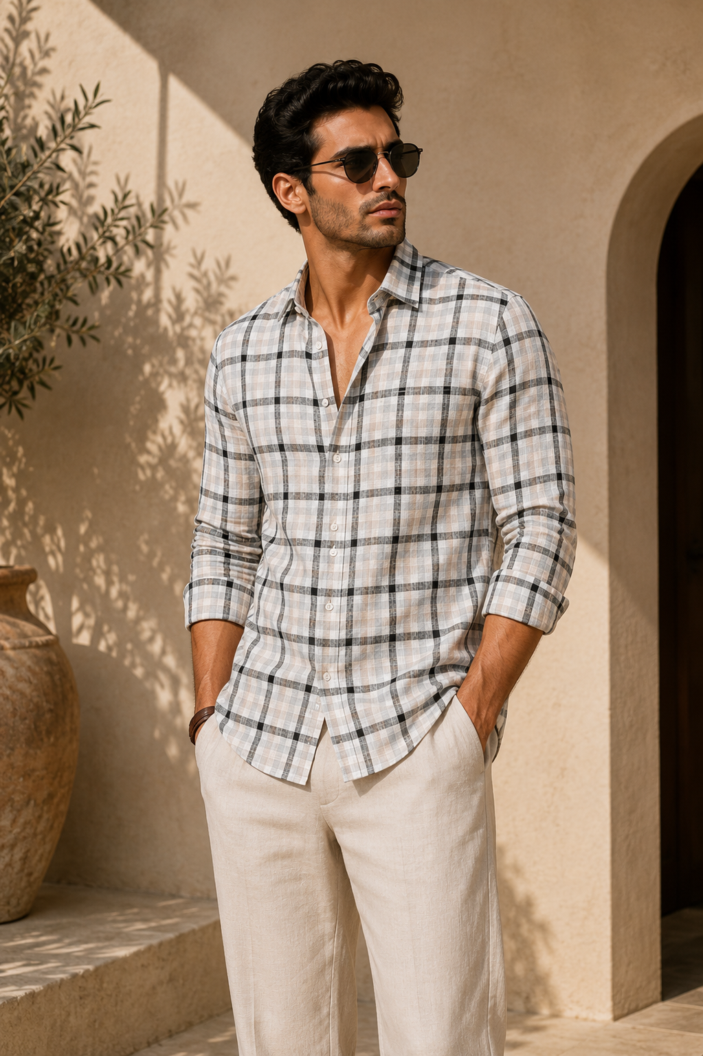 Stone Grid Linen Shirt