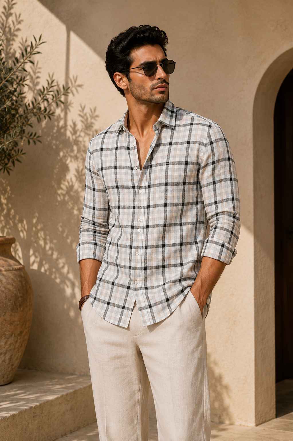 Man wearing a checkered shirt and sunglasses standing against a beige wall.