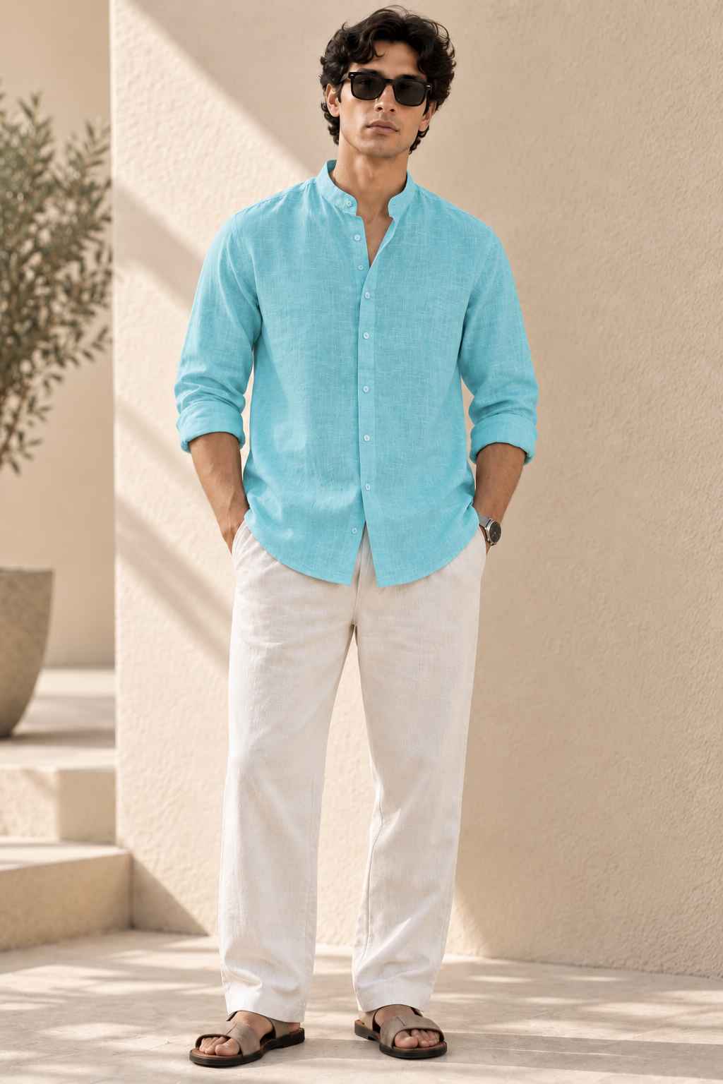 Turquoise Pure Linen Shirt - Mandarin Collar