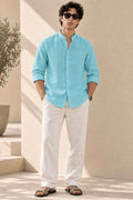 Turquoise Pure Linen Shirt - Mandarin Collar