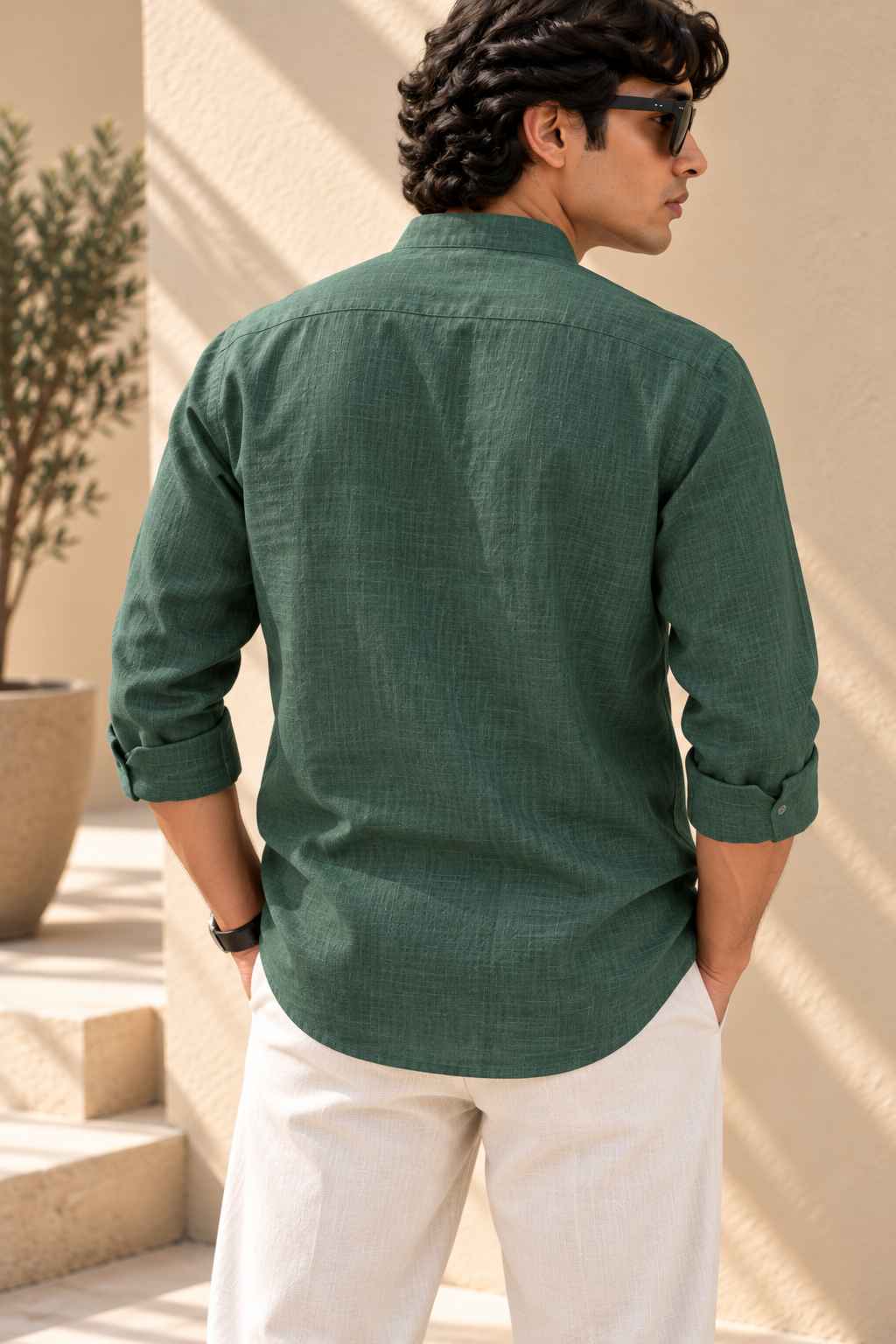 Dark Green Pure Linen Shirt - Mandarin Collar