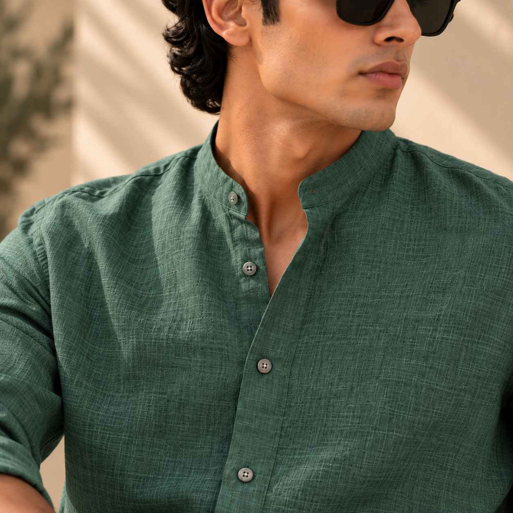 Dark Green Pure Linen Shirt - Mandarin Collar