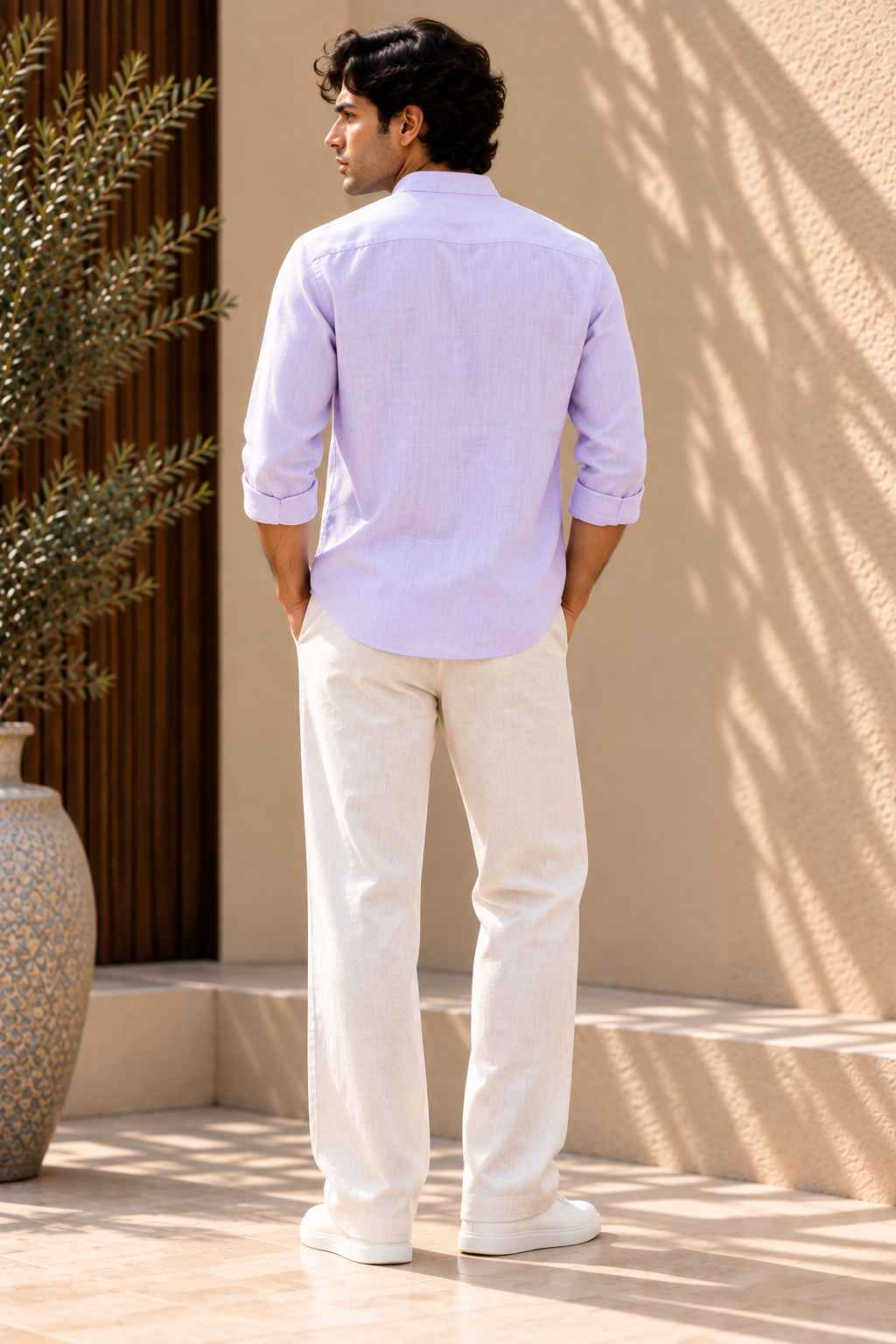 Lavender Pure Linen Shirt - Mandarin Collar