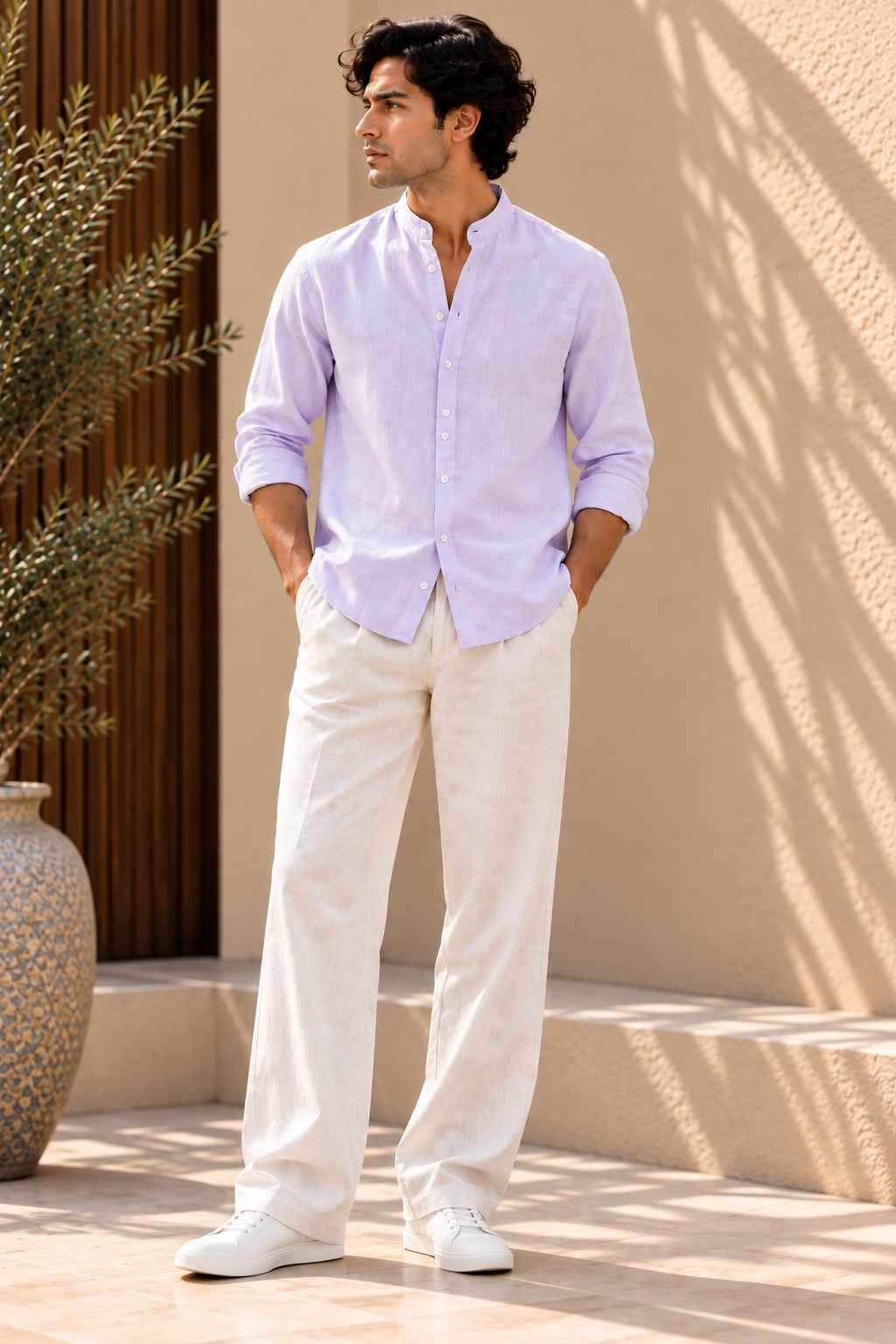 Lavender Pure Linen Shirt - Mandarin Collar