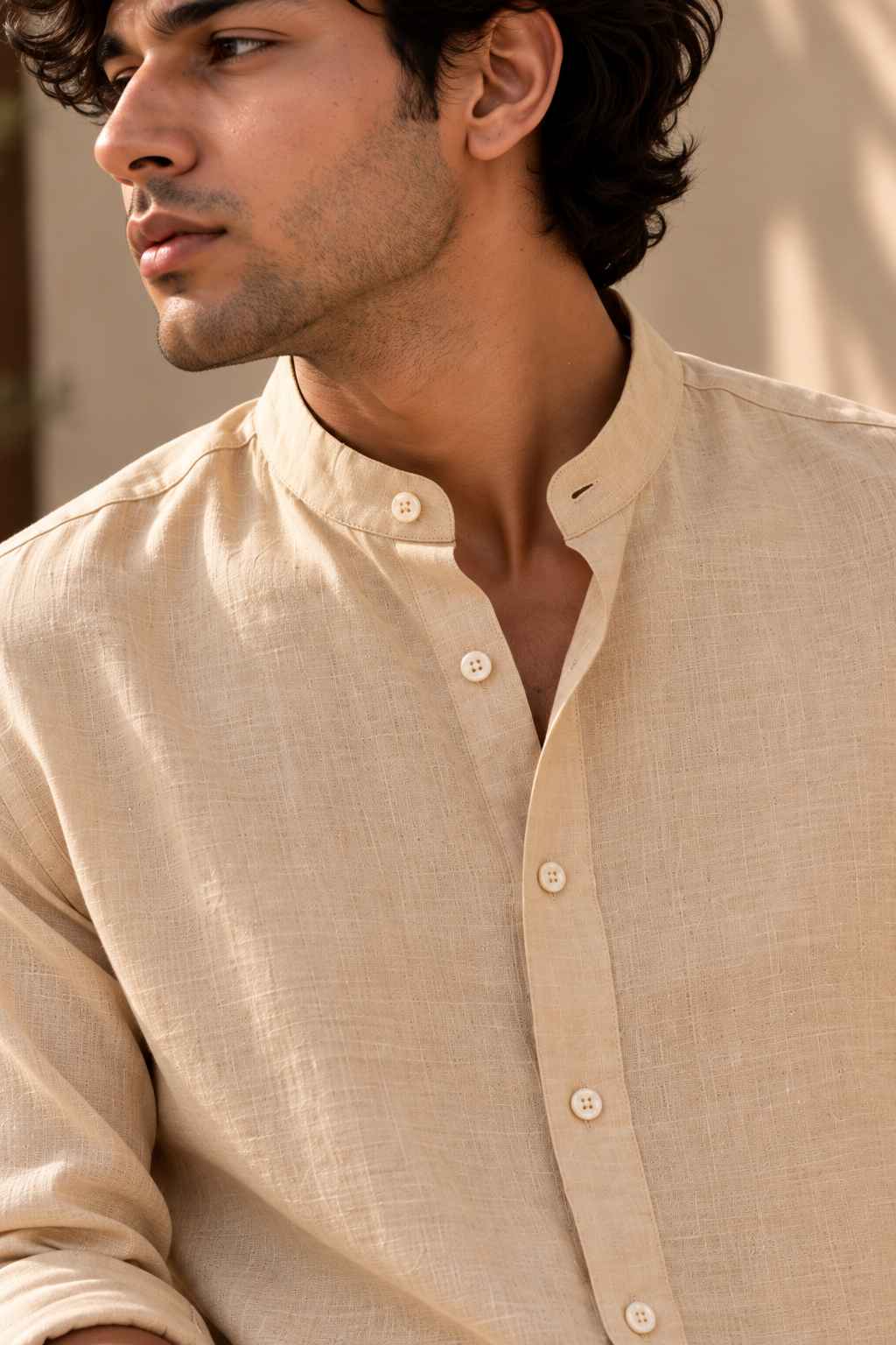 Camel Pure Linen Shirt - Mandarin Collar