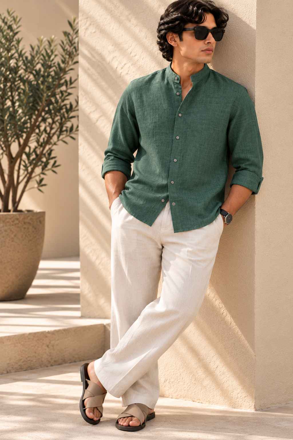 Dark Green Pure Linen Shirt - Mandarin Collar
