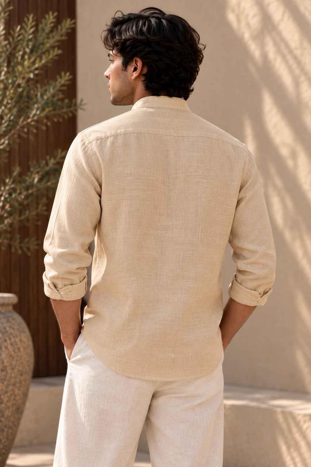 Camel Pure Linen Shirt - Mandarin Collar