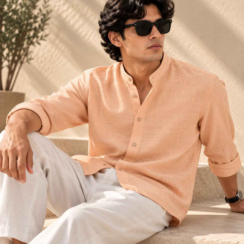 Peach Pure Linen Shirt - Mandarin Collar
