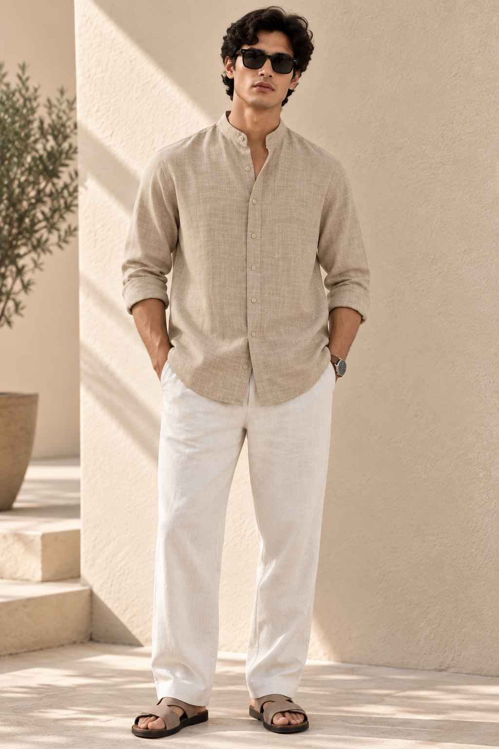 Beige Pure Linen Shirt - Mandarin Collar