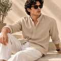 Beige Pure Linen Shirt - Mandarin Collar