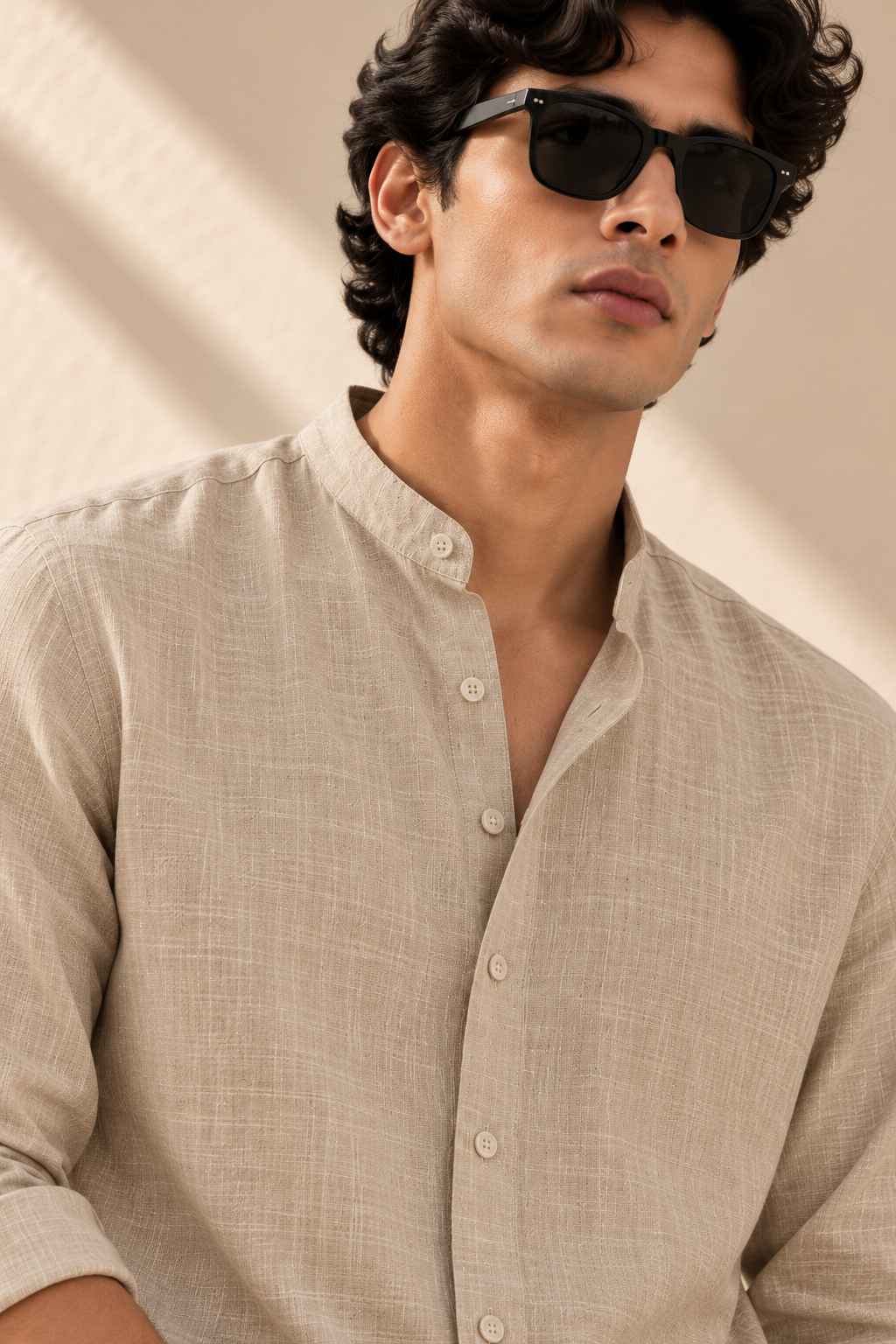Beige Pure Linen Shirt - Mandarin Collar