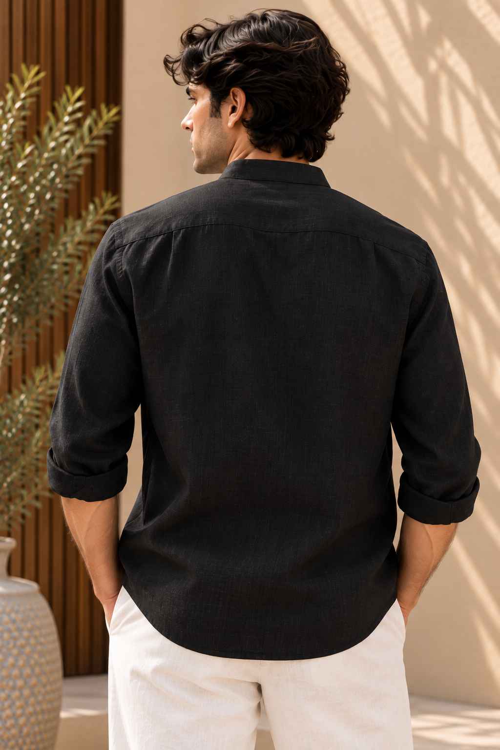 Black Pure Linen Shirt - Mandarin Collar