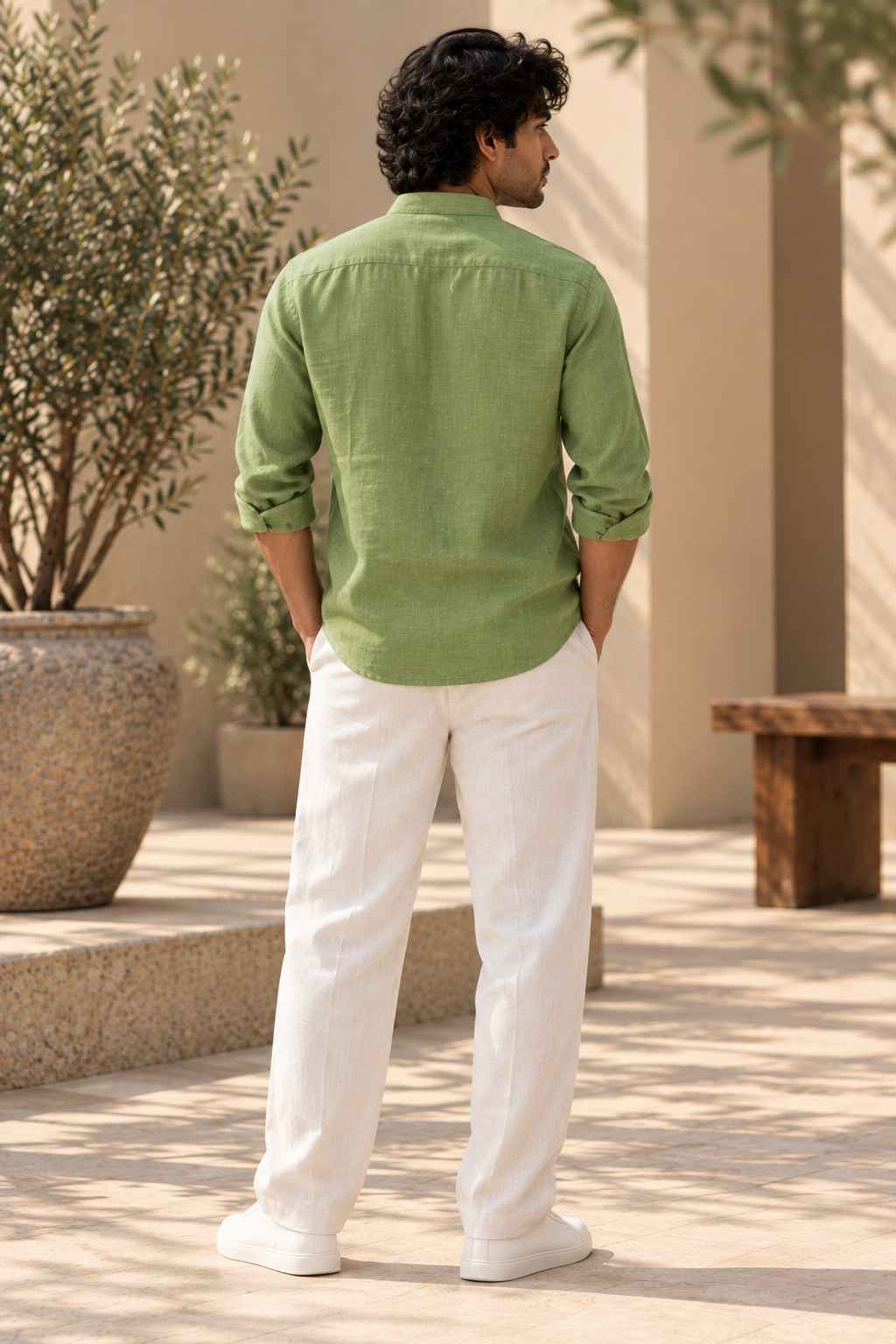 Green Pure Linen Shirt - Mandarin Collar