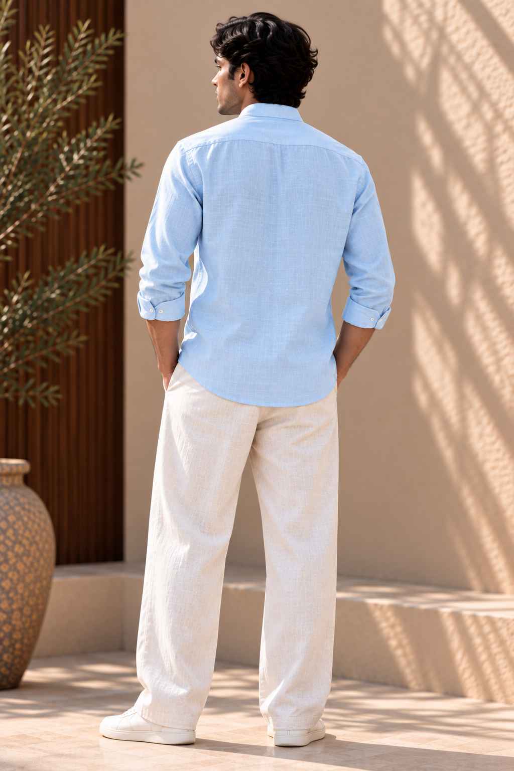 Sky Blue Pure Linen Shirt - Mandarin Collar