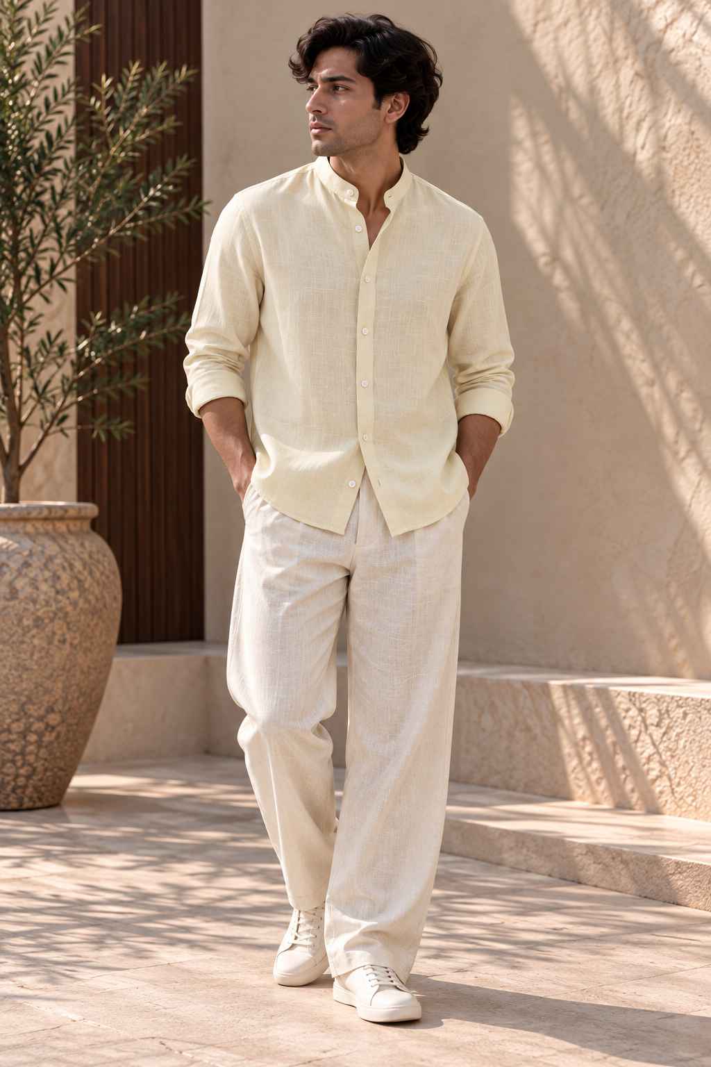 Sunlit Pure Linen Shirt - Mandarin Collar