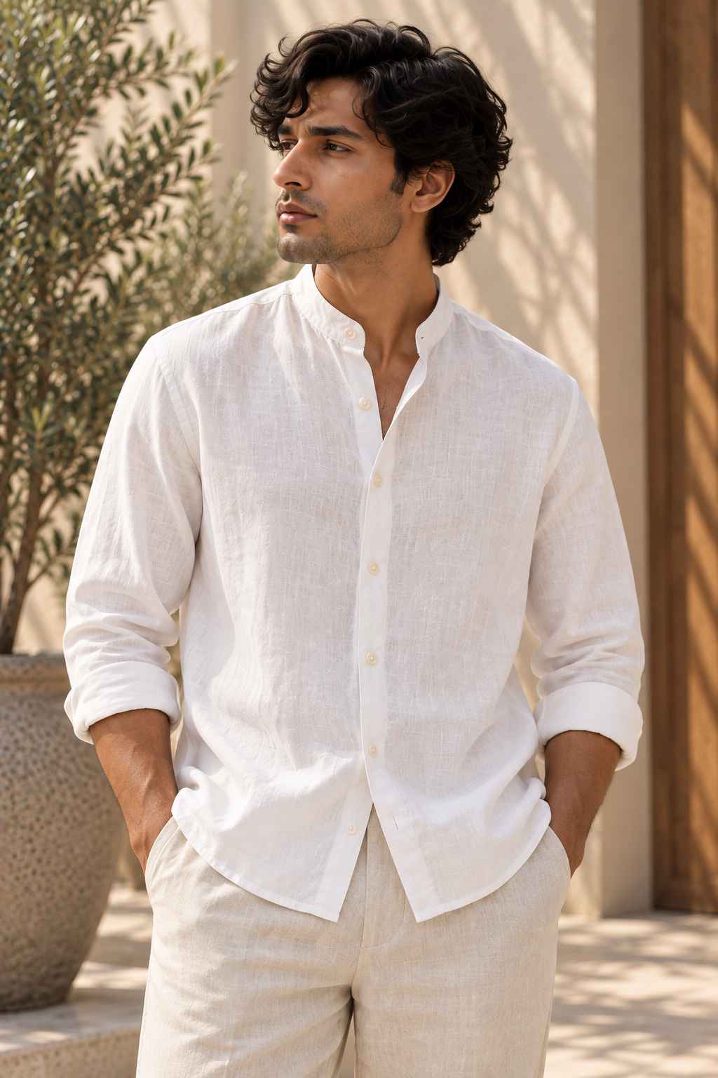 White Pure Linen Shirt - Mandarin Collar