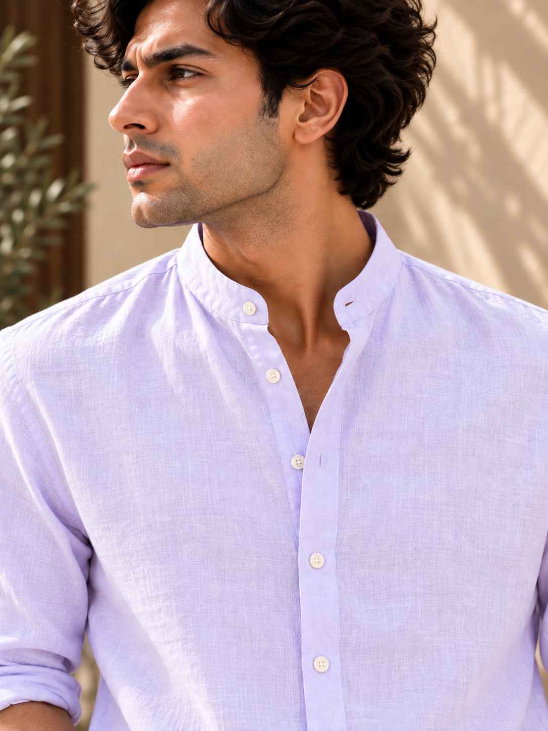 Lavender Pure Linen Shirt - Mandarin Collar