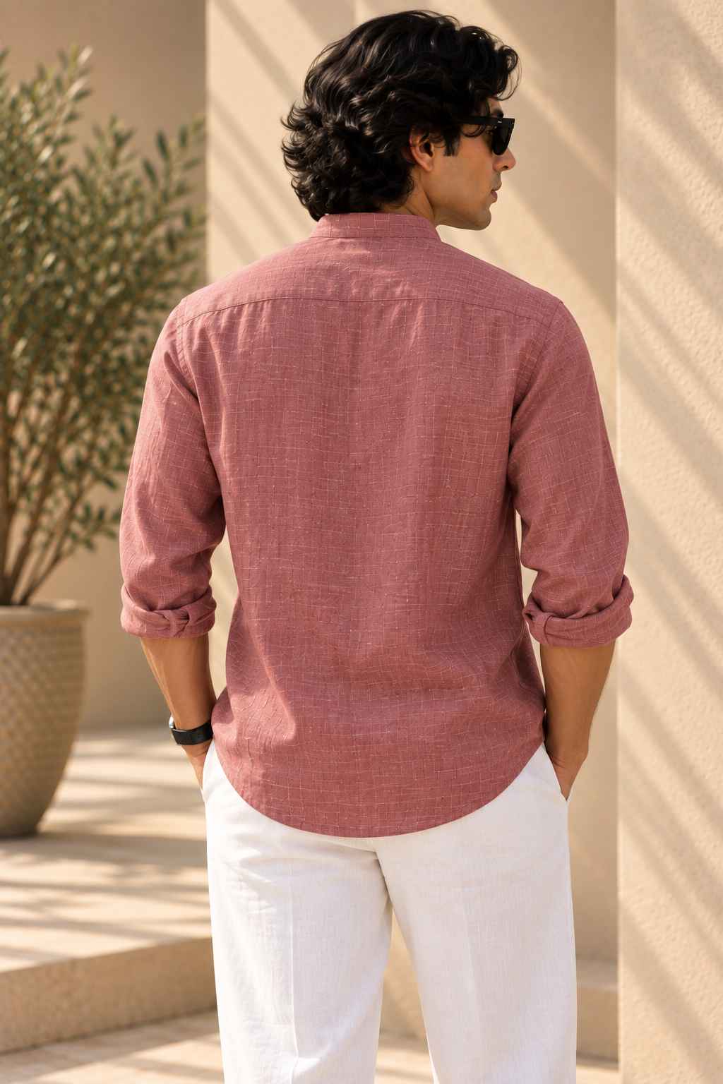 Dusty Mauve Pure Linen Shirt - Mandarin Collar
