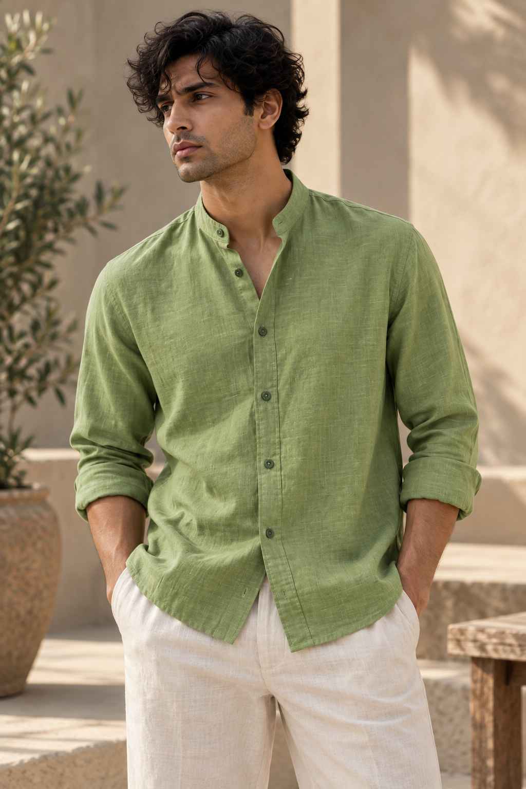 Green Pure Linen Shirt - Mandarin Collar