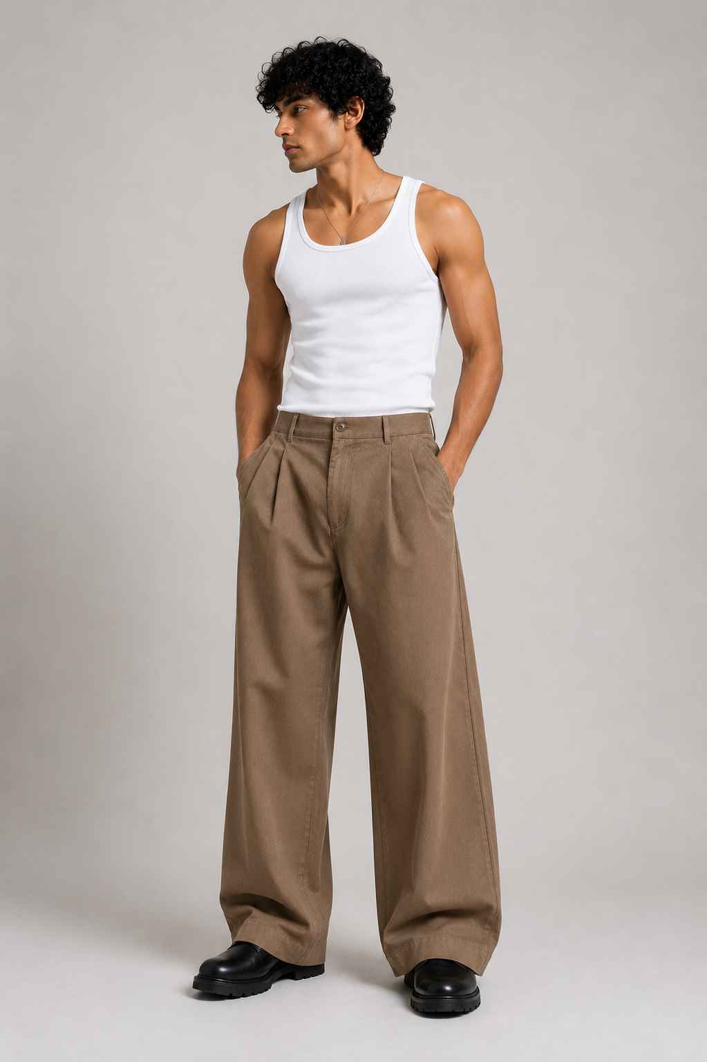 A man modeling a pair of wide-leg brown trousers with a white tank top and black shoes, standing against a neutral gray studio background.