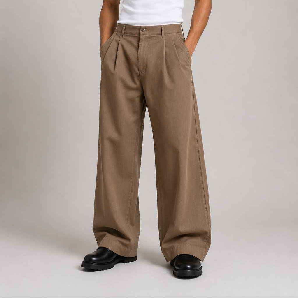 A man modeling a pair of wide-leg brown trousers with a white tank top and black shoes, standing against a neutral gray studio background.