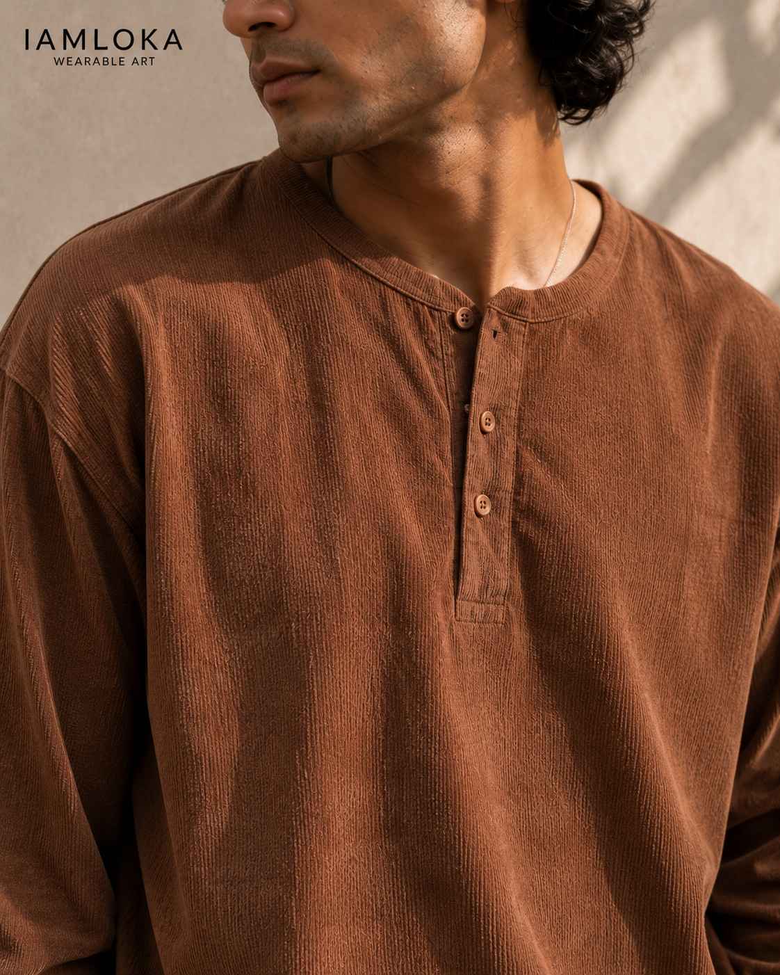 Terracotta Brown Henley T-Shirt - Textured Cotton