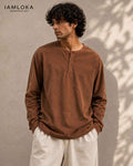 Terracotta Brown Henley T-Shirt - Textured Cotton
