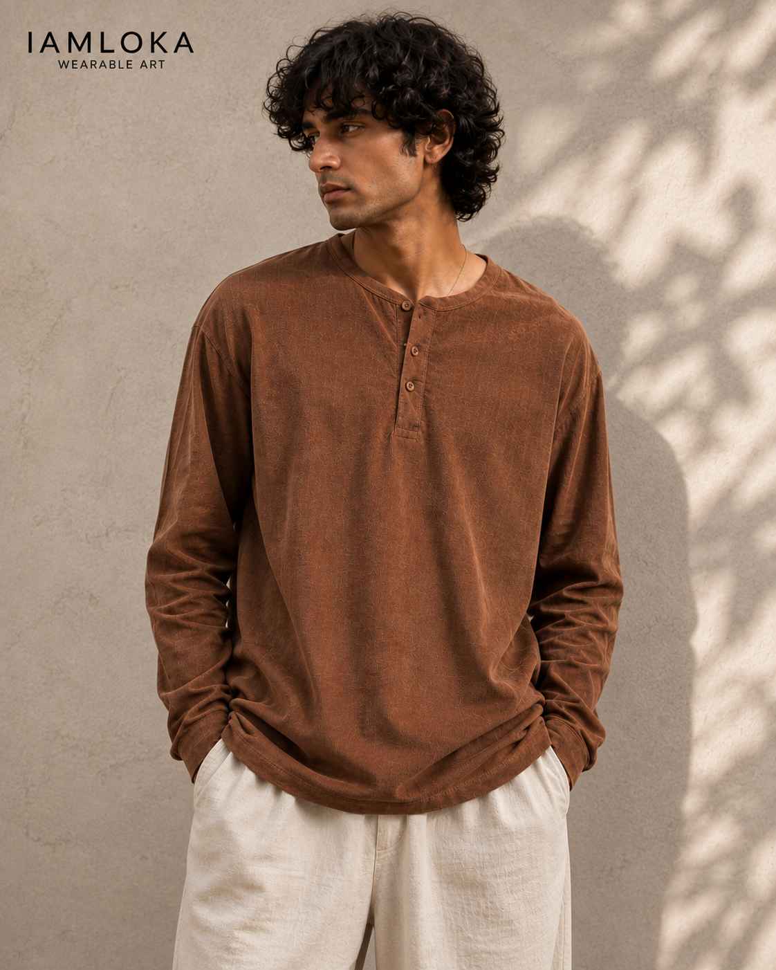 Terracotta Brown Henley T-Shirt - Textured Cotton