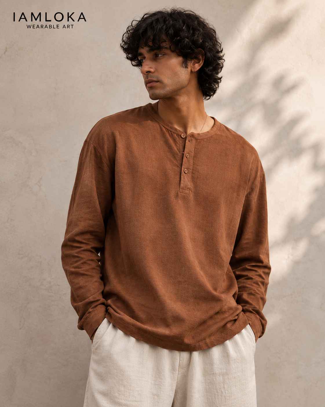 Terracotta Brown Henley T-Shirt - Textured Cotton
