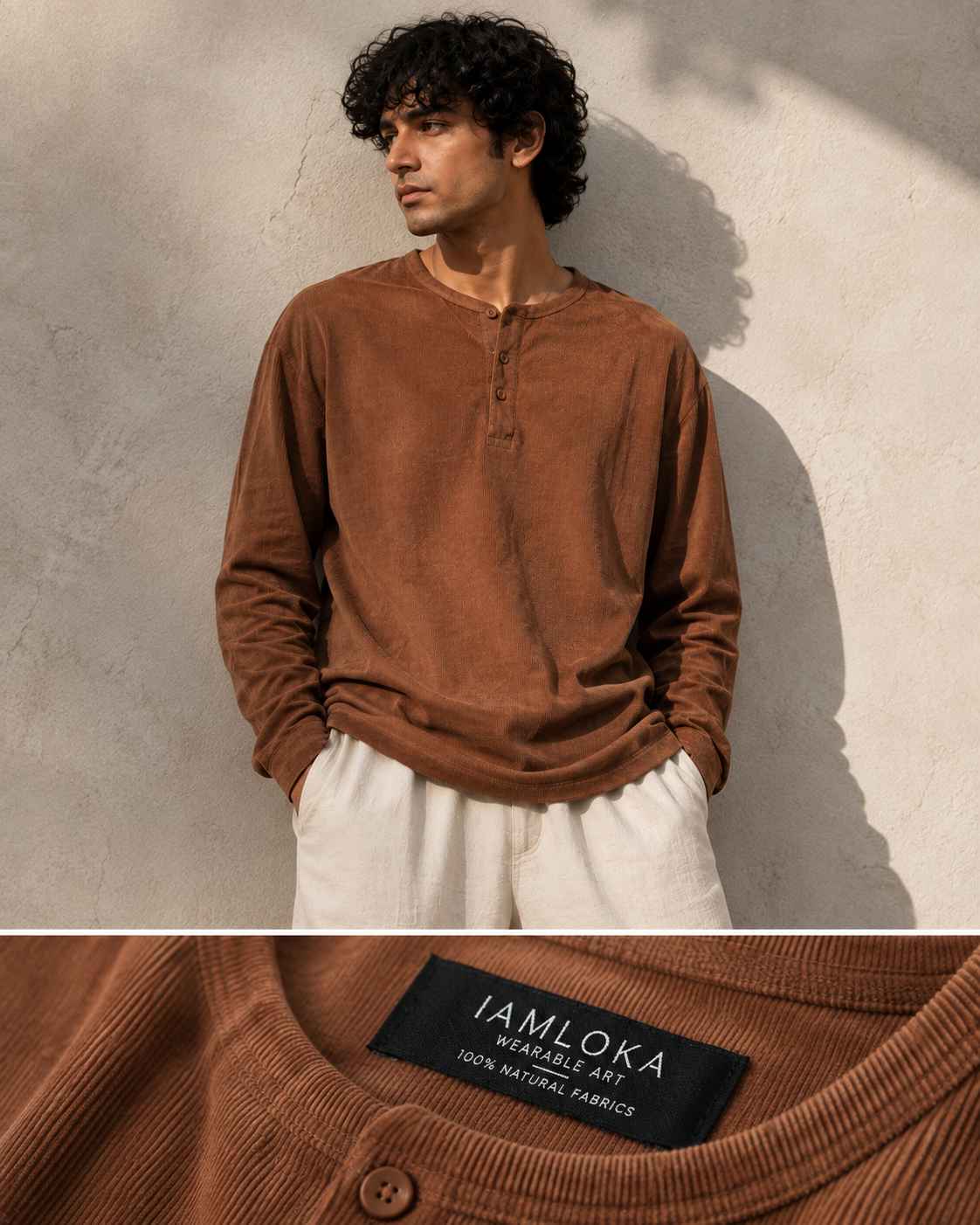 Terracotta Brown Henley T-Shirt - Textured Cotton