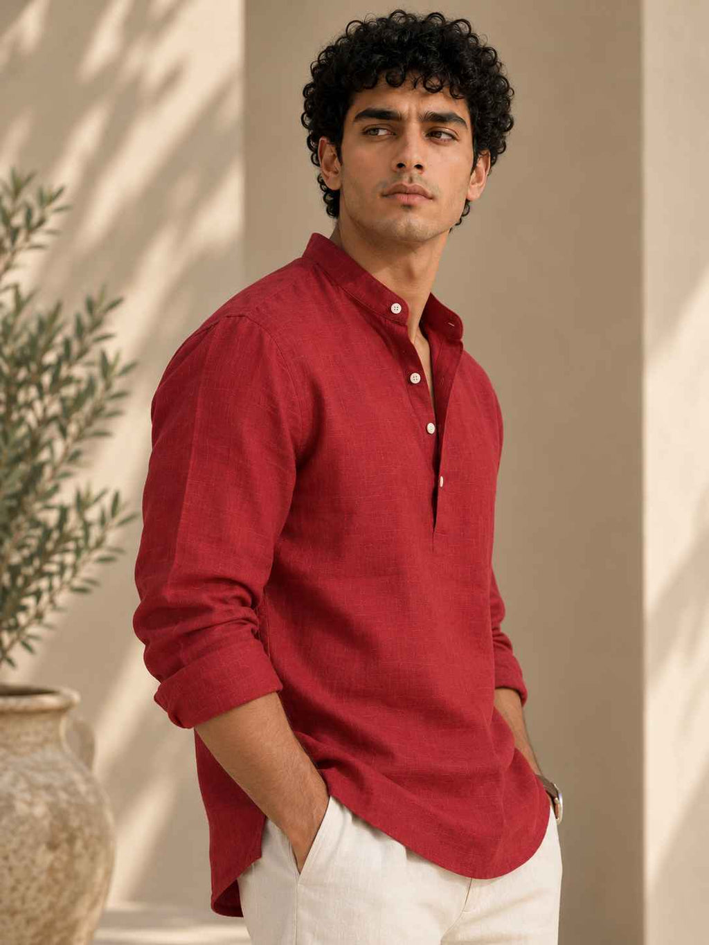 Terracotta Red Linen Kurta Shirt - Mandarin Collar