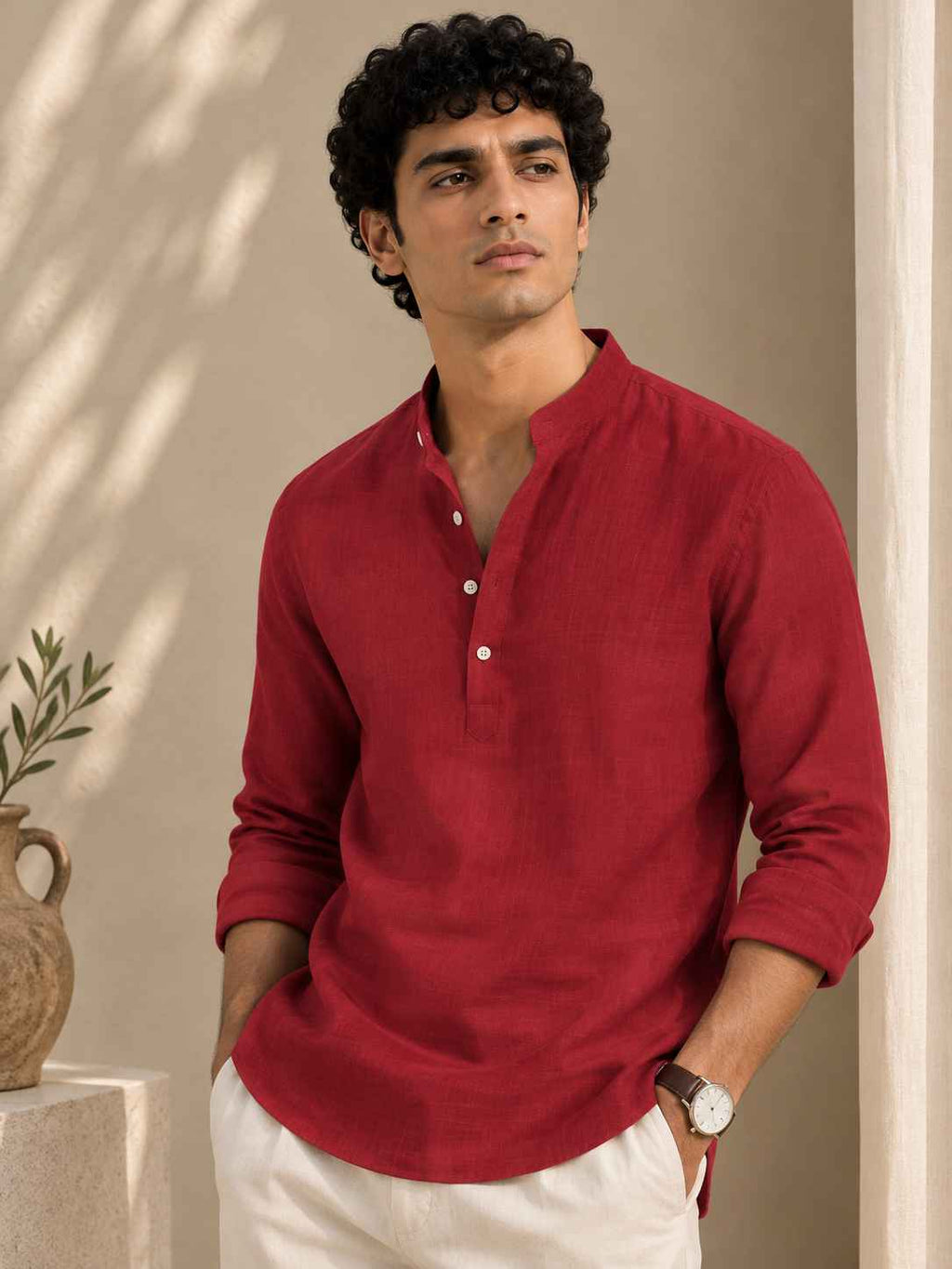 Terracotta Red Linen Kurta Shirt - Mandarin Collar