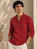 Terracotta Red Linen Kurta Shirt - Mandarin Collar