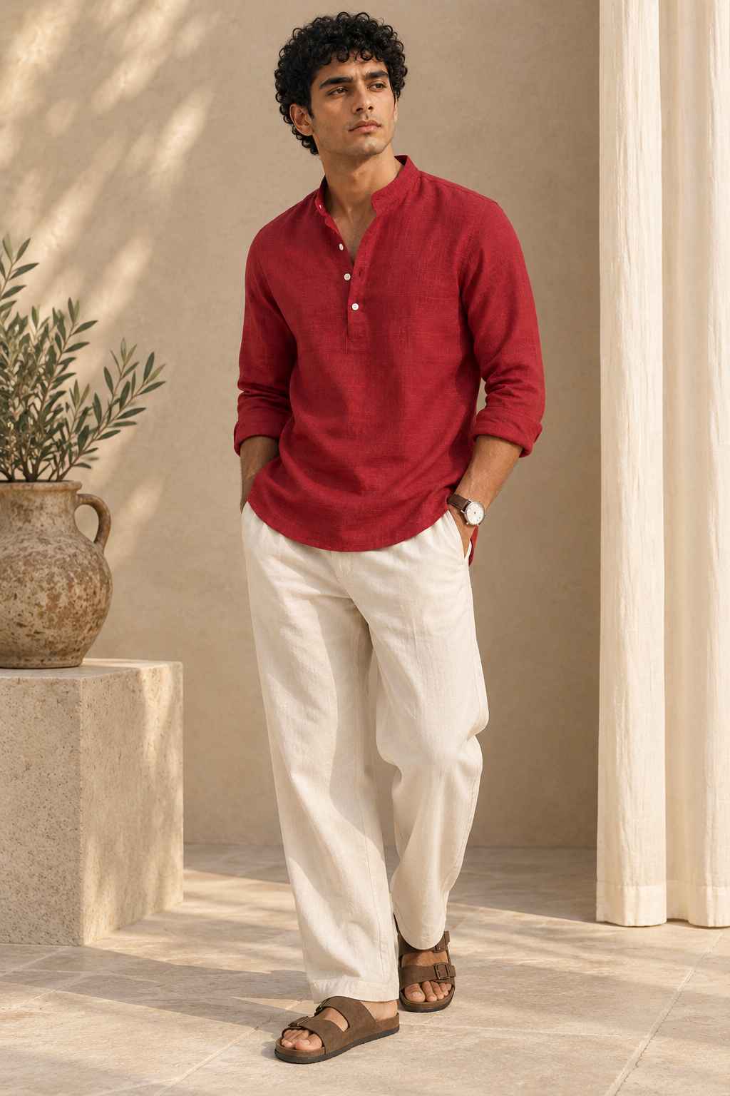 Terracotta Red Linen Kurta Shirt - Mandarin Collar