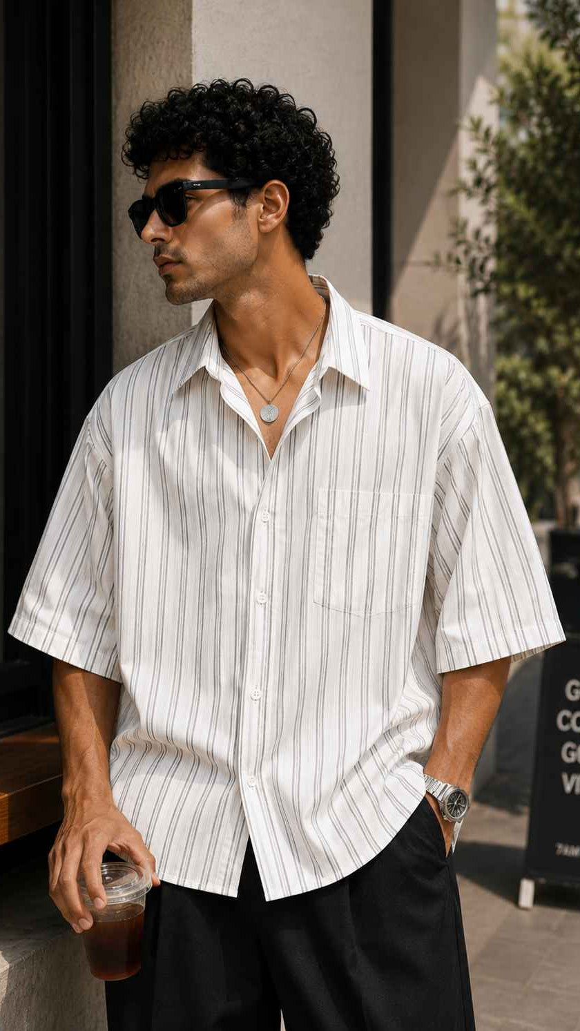 Man wearing a white striped shirt and sunglasses outdoors.
