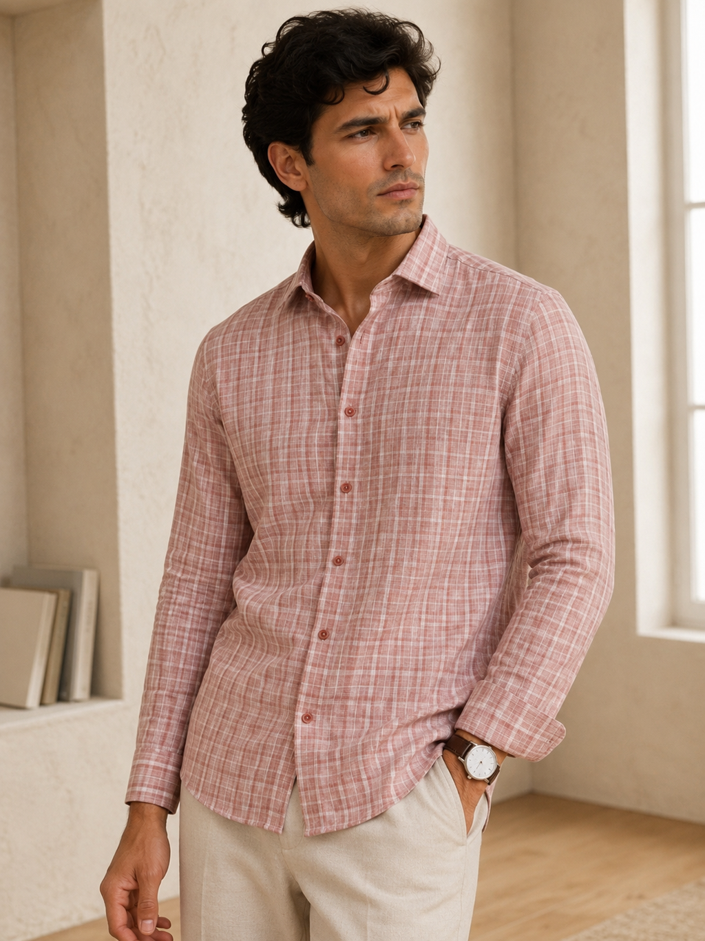 Vintage Pink Check Linen Shirt