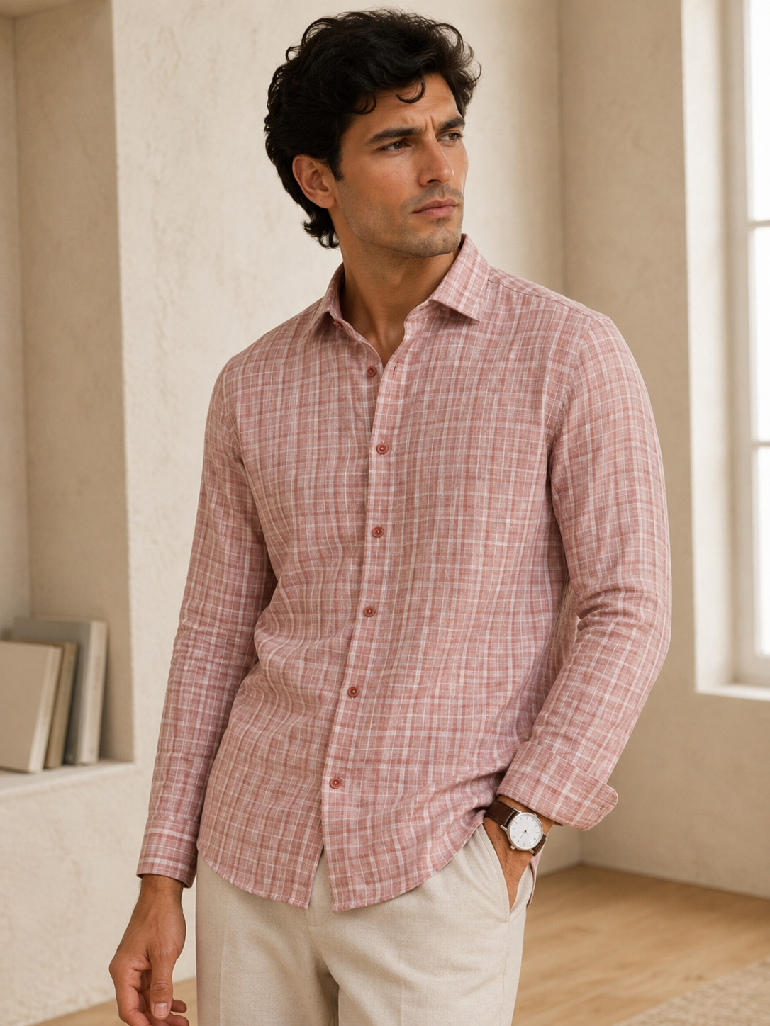 Vintage Pink Check Linen Shirt