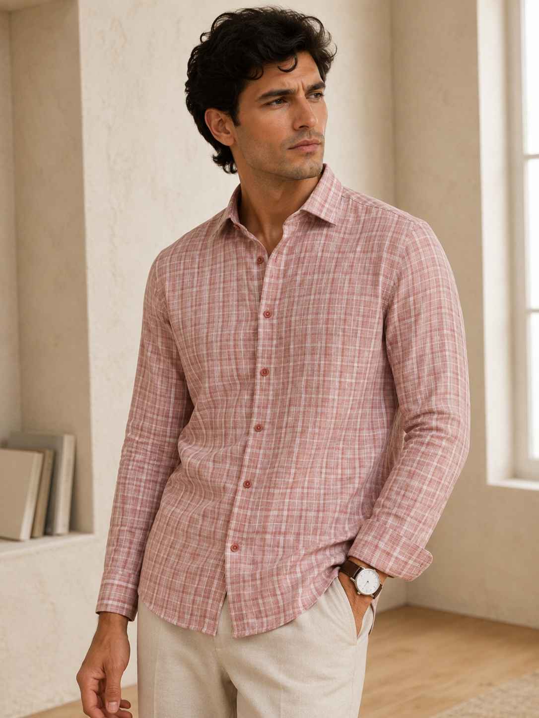 Vintage Pink Check Linen Shirt