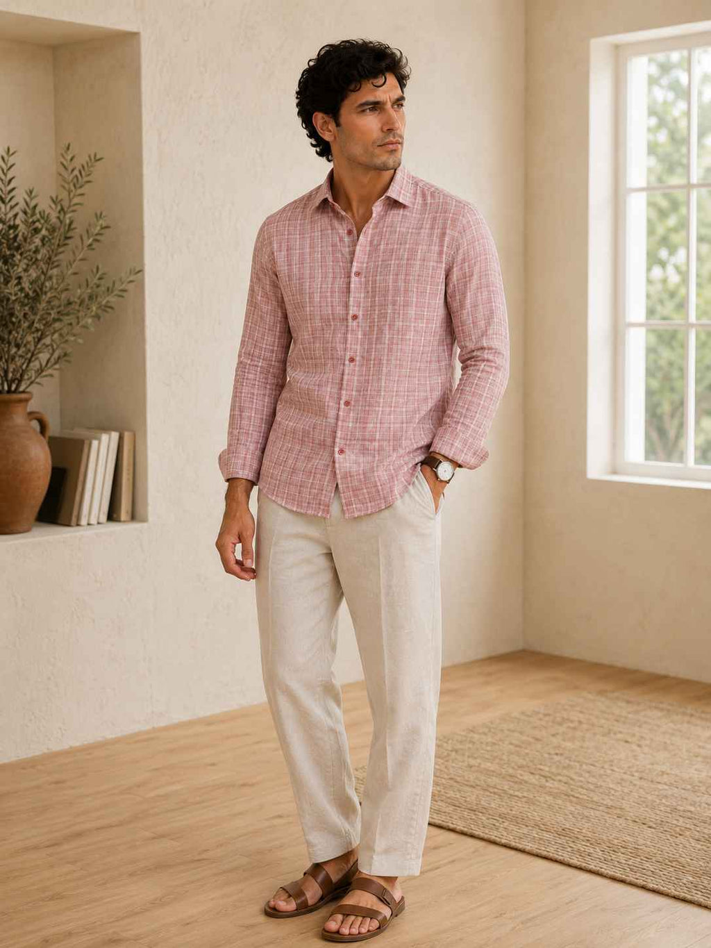 Man wearing a pink checkered shirt and beige pants standing in a room with wooden floor and window.