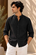 Black Pure Linen Shirt - Mandarin Collar