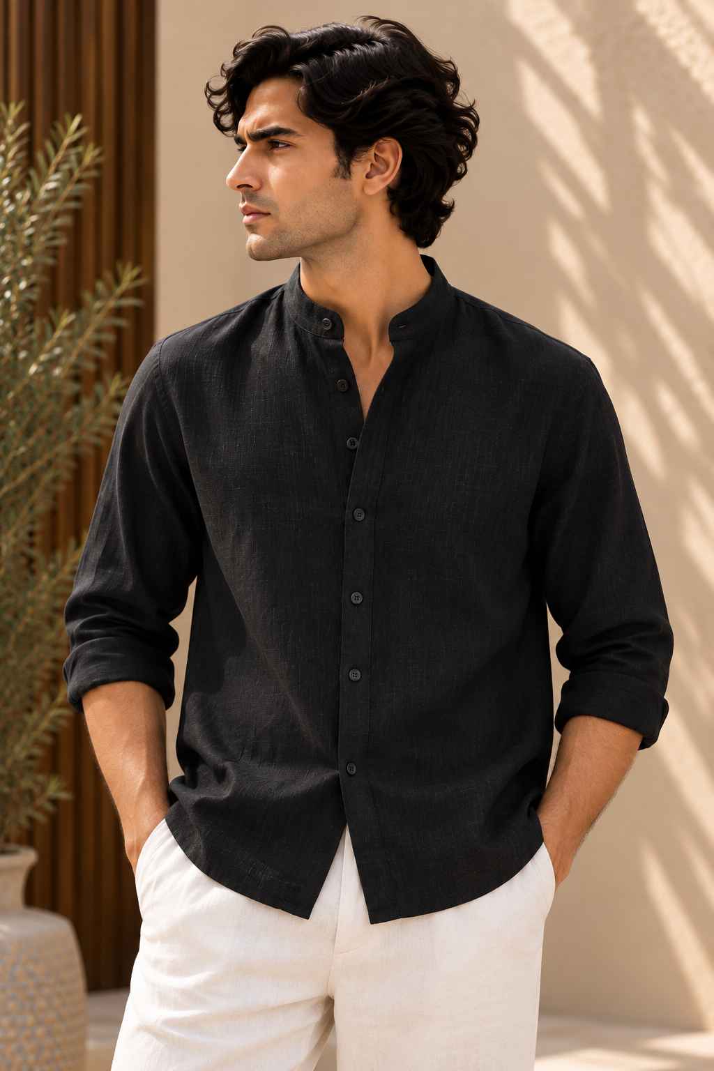 Black Pure Linen Shirt - Mandarin Collar